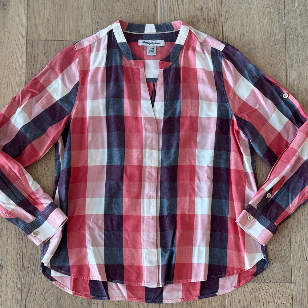 Tommy Bahama Pink and White Plaid Button Down Shirt